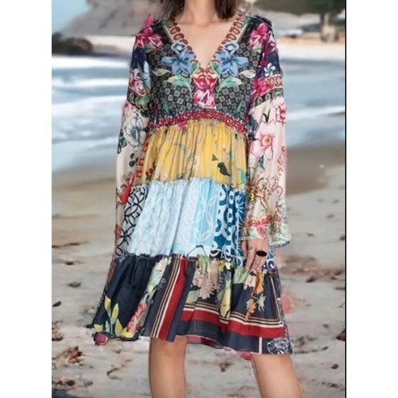 Johnny Was Dresses & Skirts - Johnny Was Dunas 100% Silk Patchwork Printed Long Sleeve Midi Dress Women's M